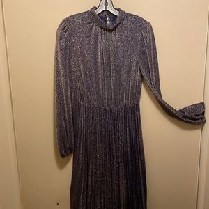 Gorgeous and shiny evening dress. Pleated skirt and bell-shaped sleeves.